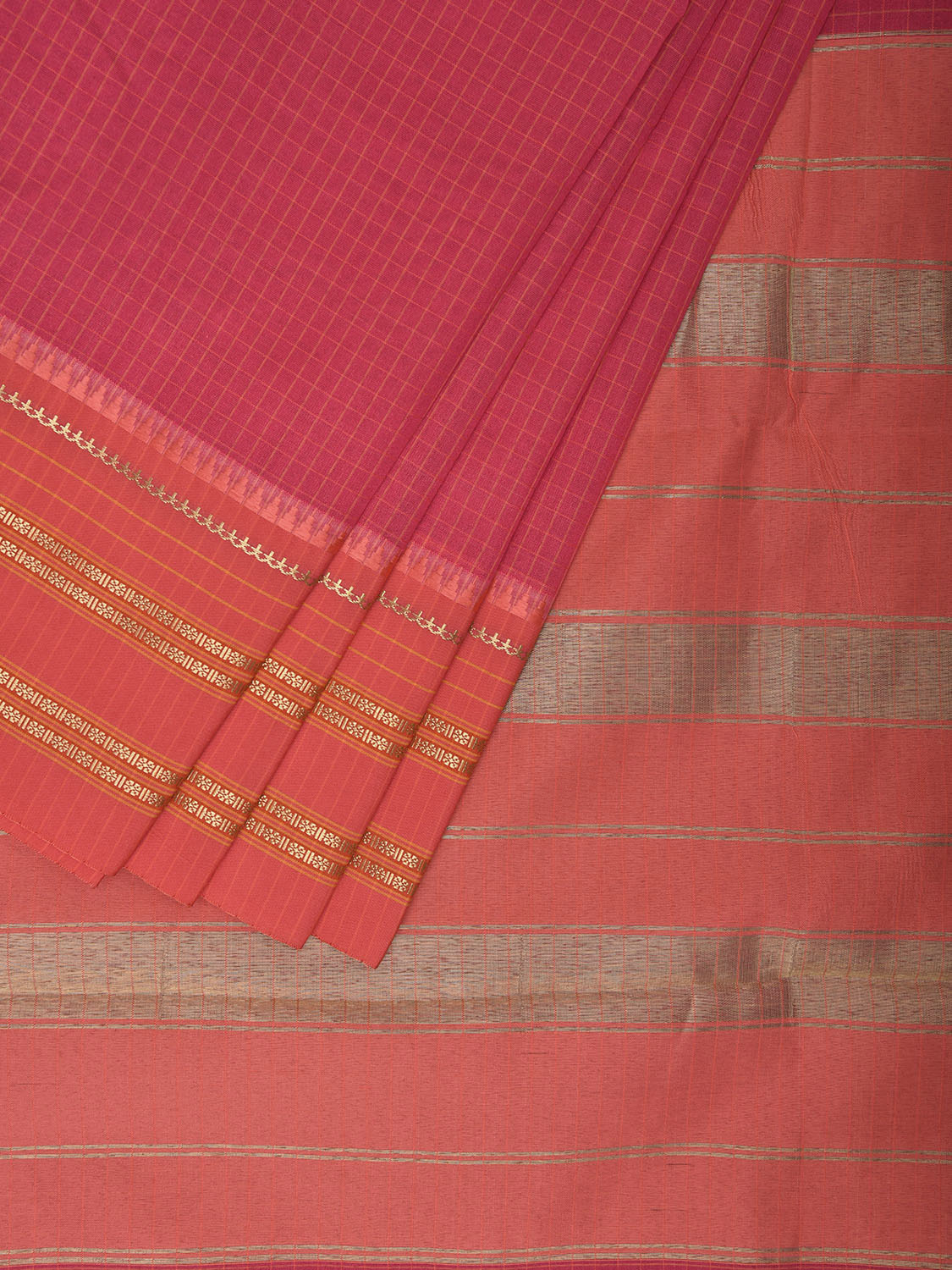 Pink and Peach Bamboo Cotton Viscose Silk Saree with Checks Design No Blouse bc0491