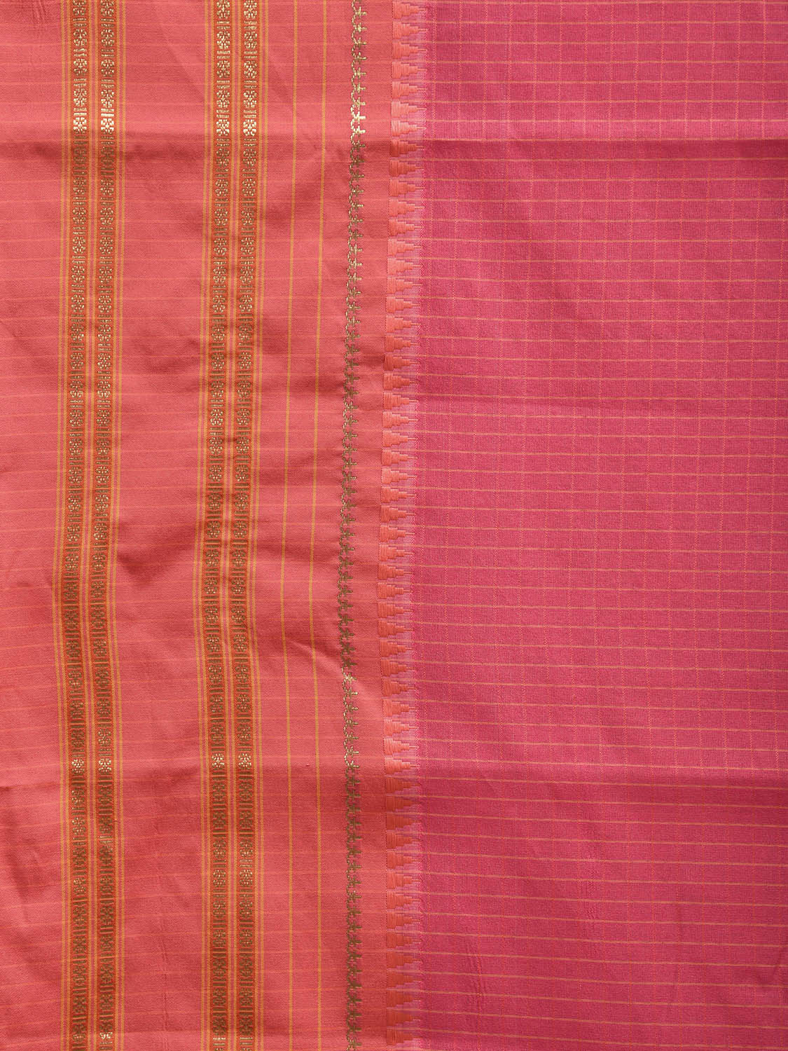 Pink and Peach Bamboo Cotton Viscose Silk Saree with Checks Design No Blouse bc0491