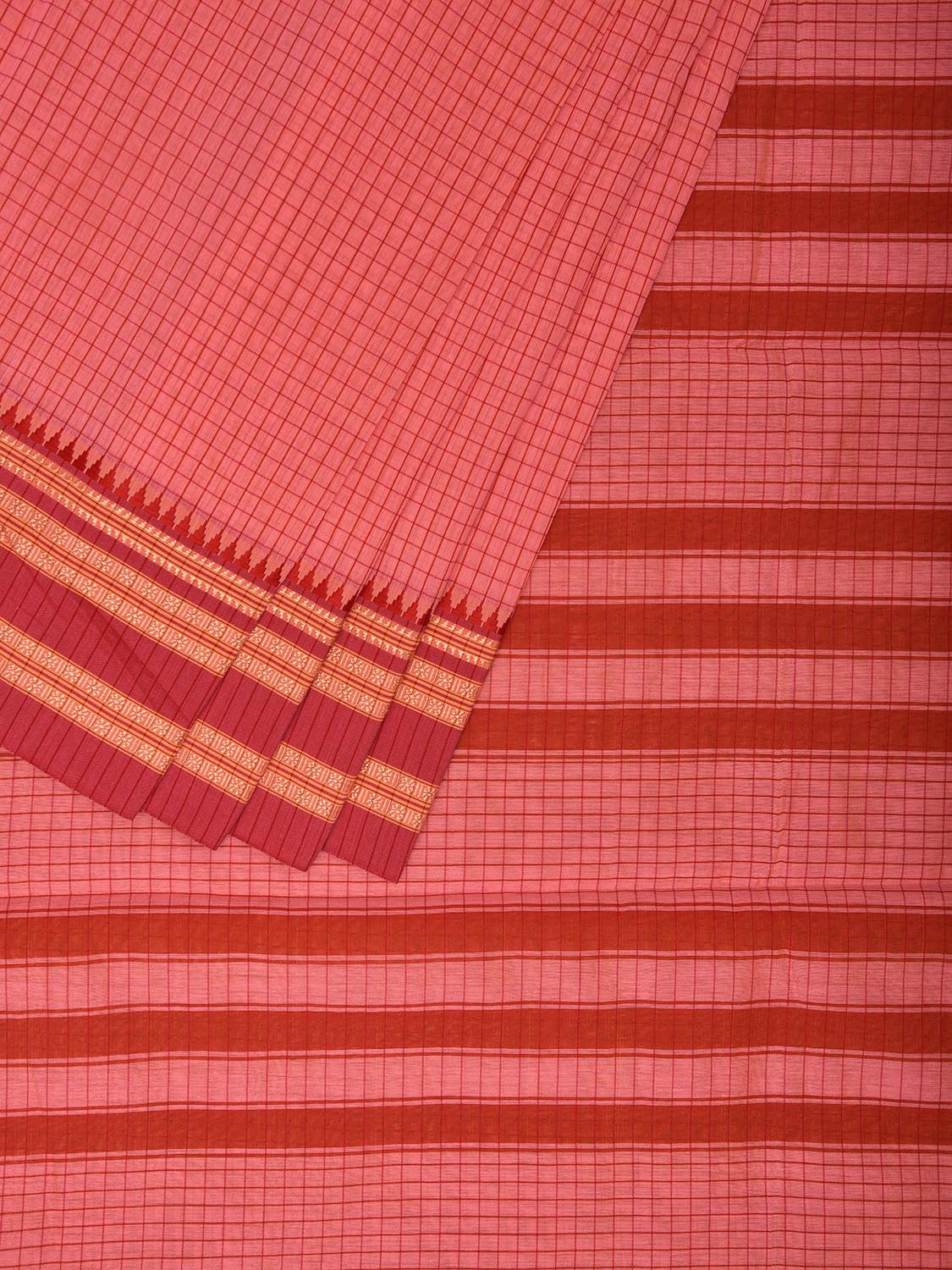 Peach and Red Bamboo Cotton Saree with Checks Design No Blouse bc0492