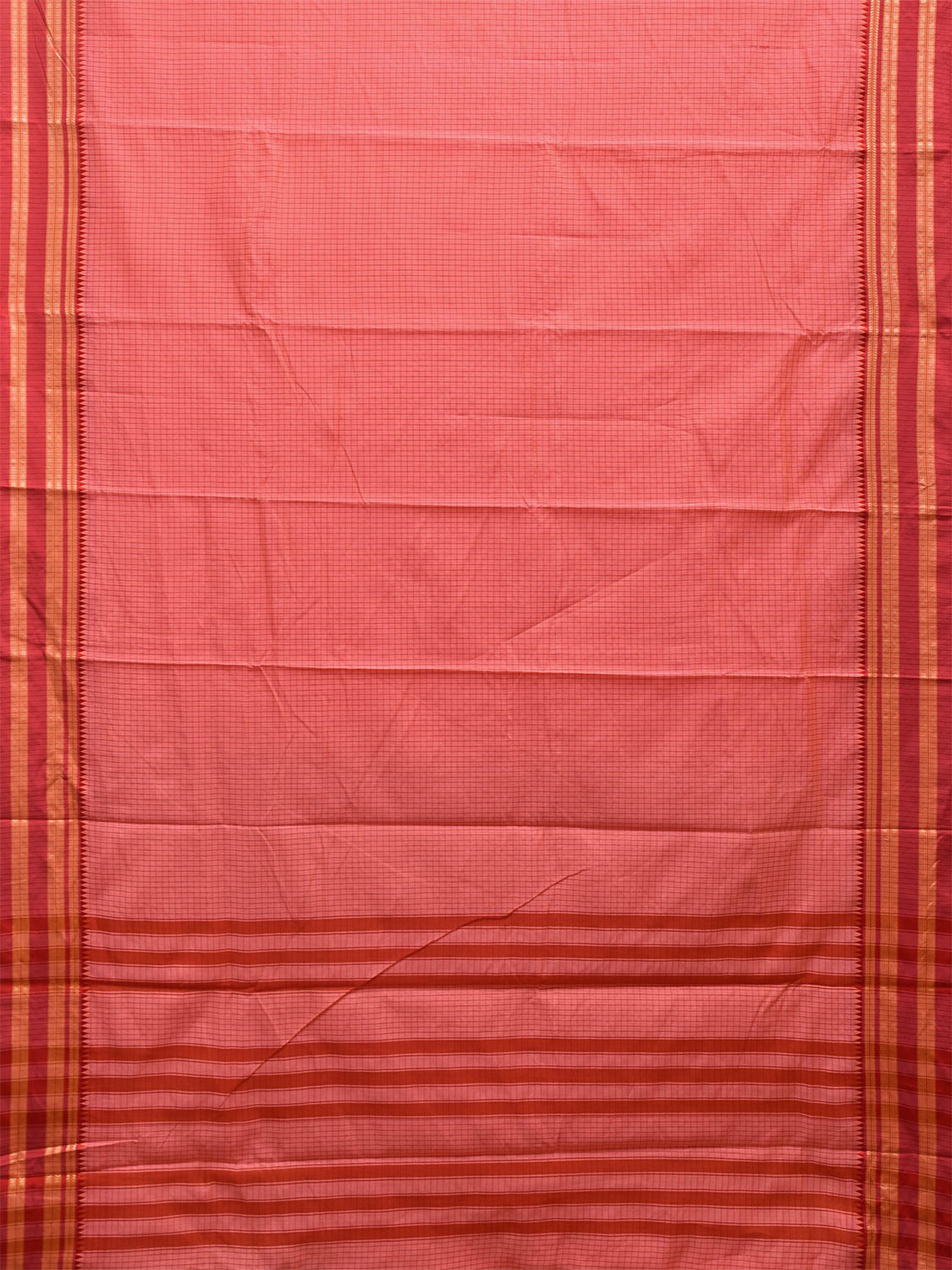 Peach and Red Bamboo Cotton Saree with Checks Design No Blouse bc0492