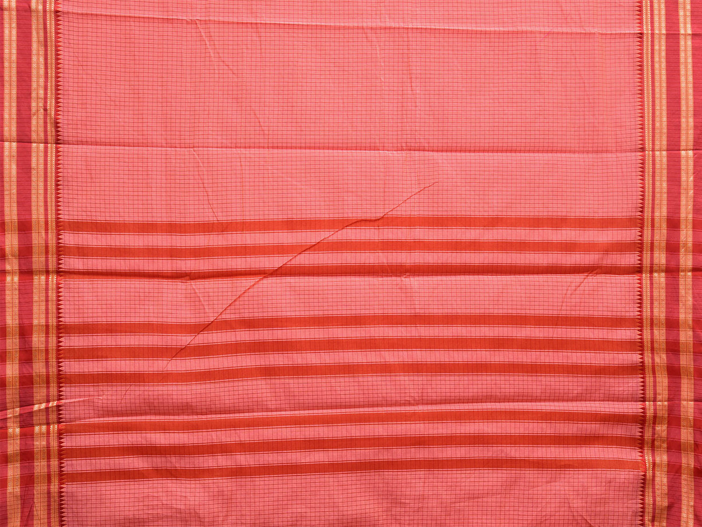 Peach and Red Bamboo Cotton Saree with Checks Design No Blouse bc0492