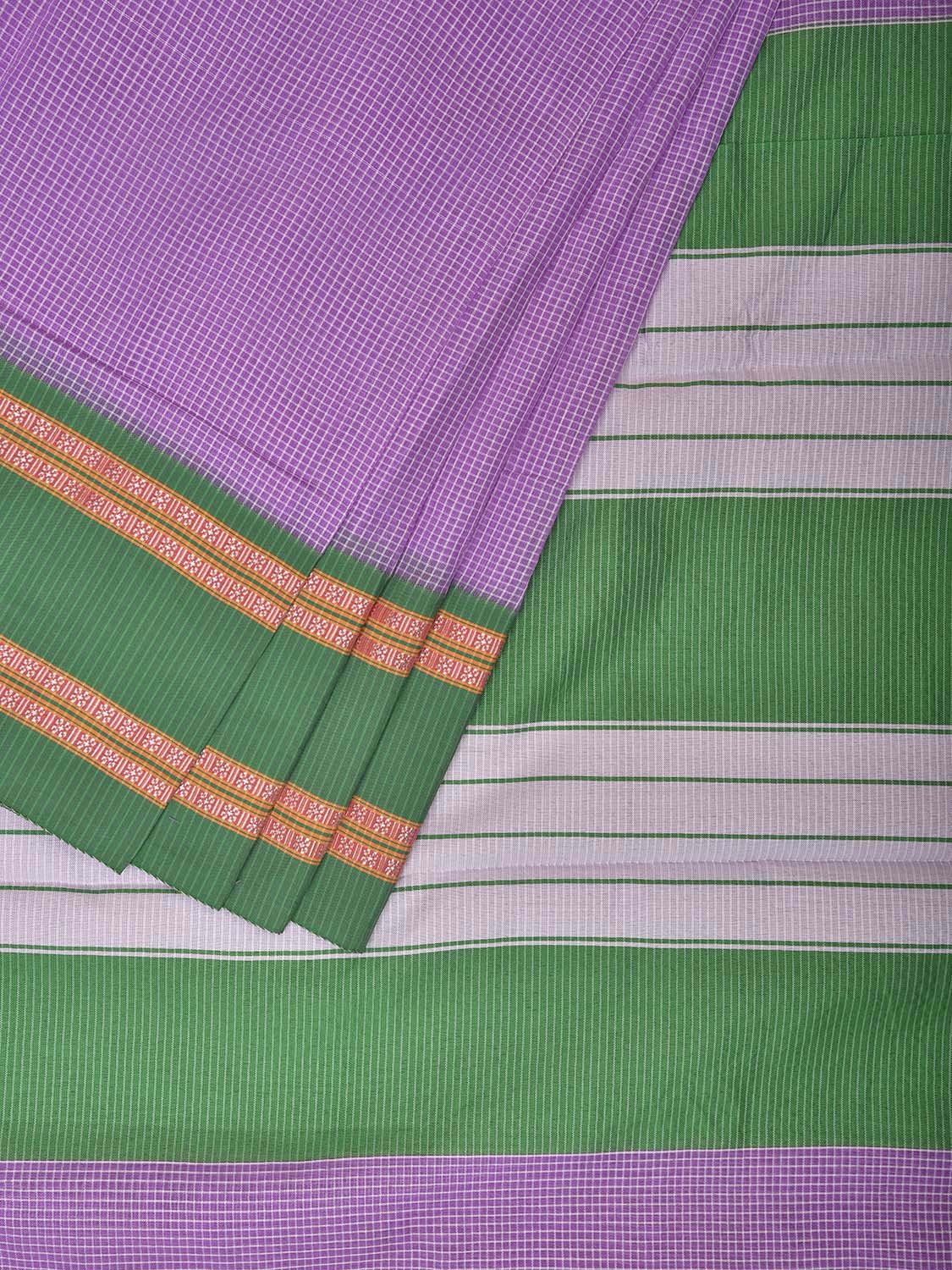 Lavender and Green Bamboo Cotton Saree with Small Checks Design No Blouse bc0493
