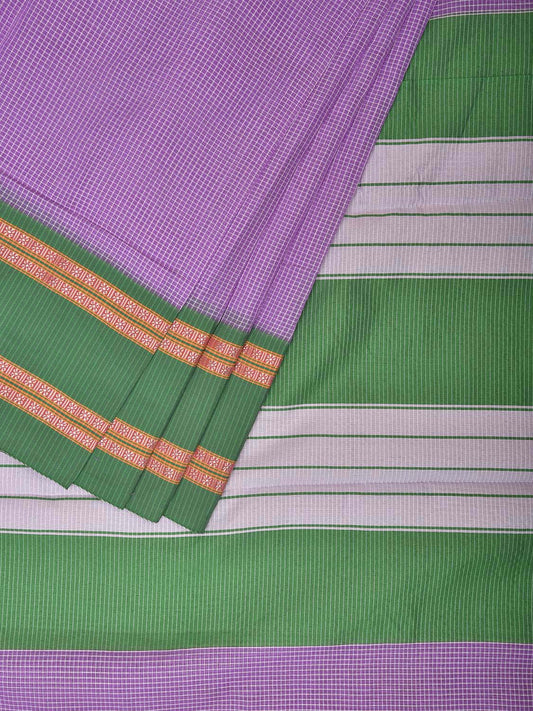 Lavender and Green Bamboo Cotton Saree with Small Checks Design No Blouse bc0493