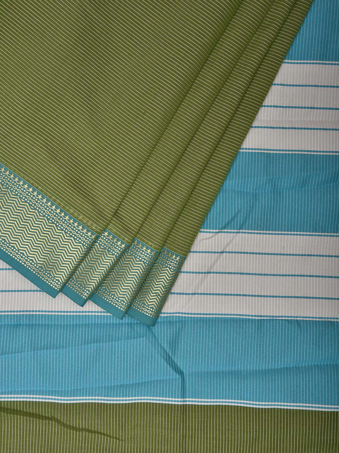 Green and Light Blue Bamboo Cotton Saree with Strips Design No Blouse bc0494