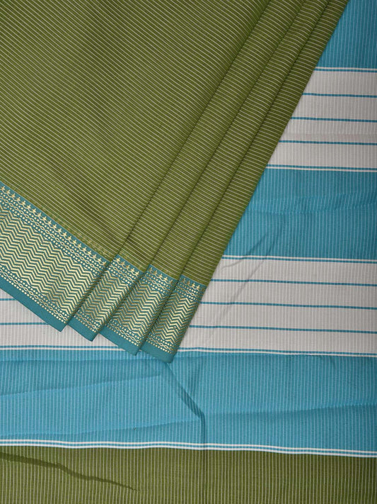 Green and Light Blue Bamboo Cotton Saree with Strips Design No Blouse bc0494