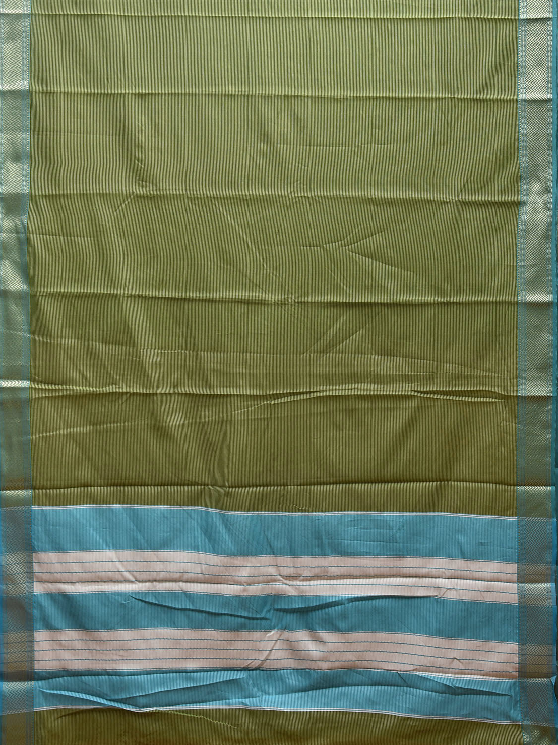 Green and Light Blue Bamboo Cotton Saree with Strips Design No Blouse bc0494