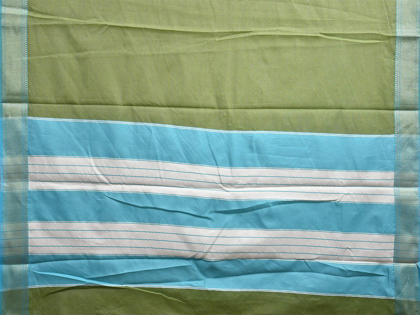 Green and Light Blue Bamboo Cotton Saree with Strips Design No Blouse bc0494