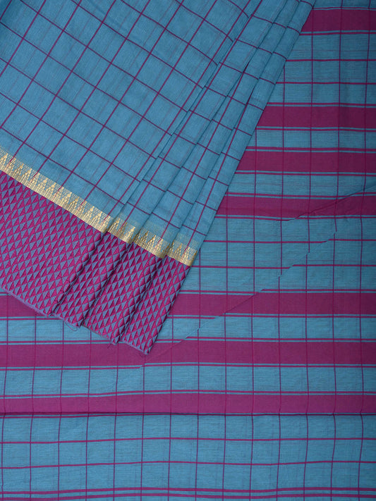 Blue and Purple Bamboo Cotton Saree with Big Checks Design No Blouse bc0495