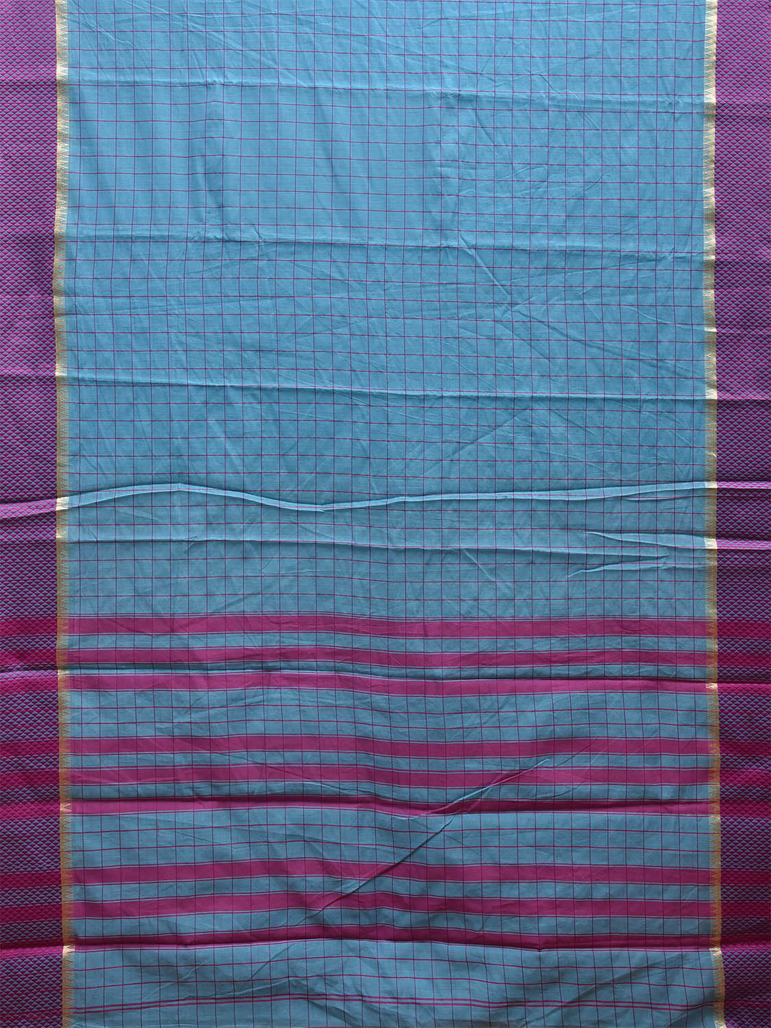 Blue and Purple Bamboo Cotton Saree with Big Checks Design No Blouse bc0495