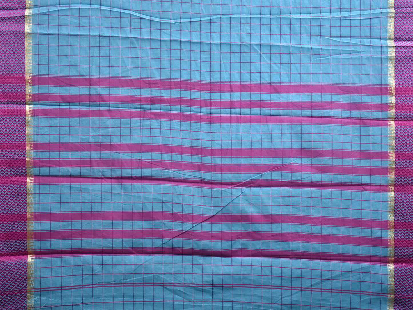 Blue and Purple Bamboo Cotton Saree with Big Checks Design No Blouse bc0495