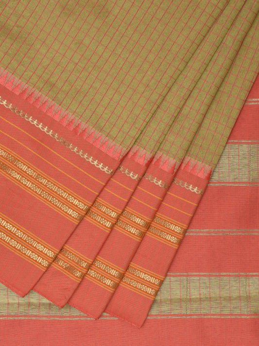 Light Green and Peach Bamboo Cotton Viscose Silk Saree with Checks Design No Blouse bc0496