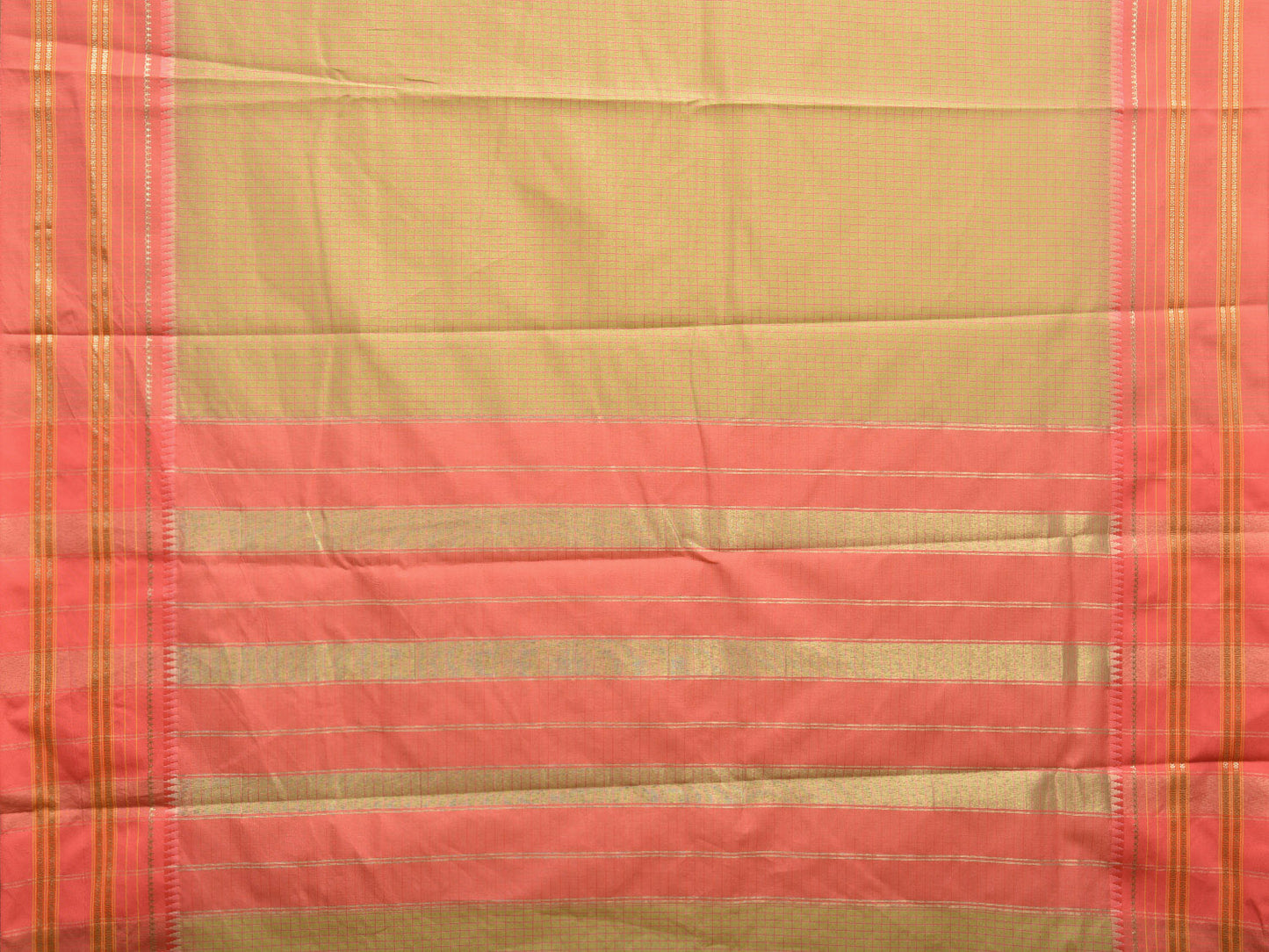 Light Green and Peach Bamboo Cotton Viscose Silk Saree with Checks Design No Blouse bc0496