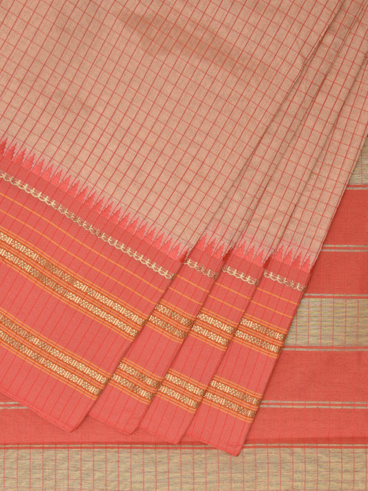 Cream and Peach Bamboo Cotton Viscose Silk Saree with Checks Design No Blouse bc0497
