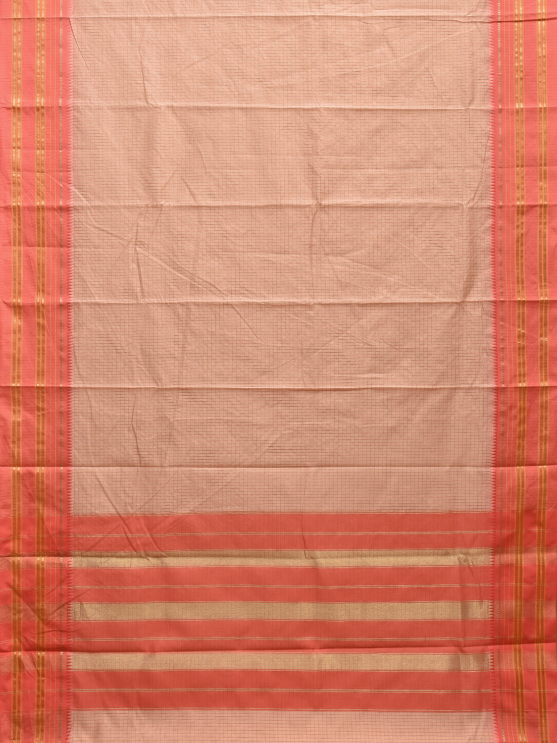 Cream and Peach Bamboo Cotton Viscose Silk Saree with Checks Design No Blouse bc0497