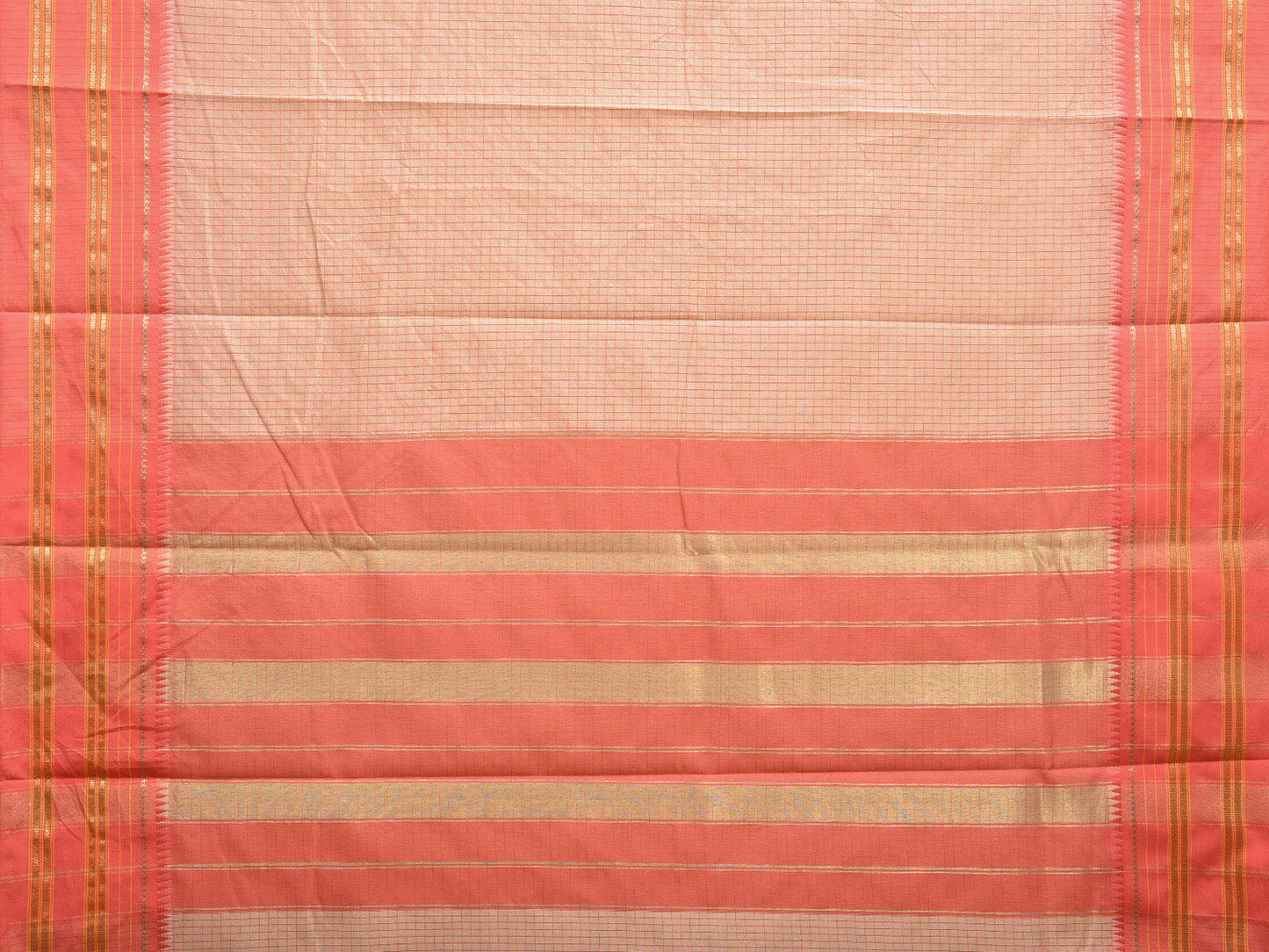 Cream and Peach Bamboo Cotton Viscose Silk Saree with Checks Design No Blouse bc0497