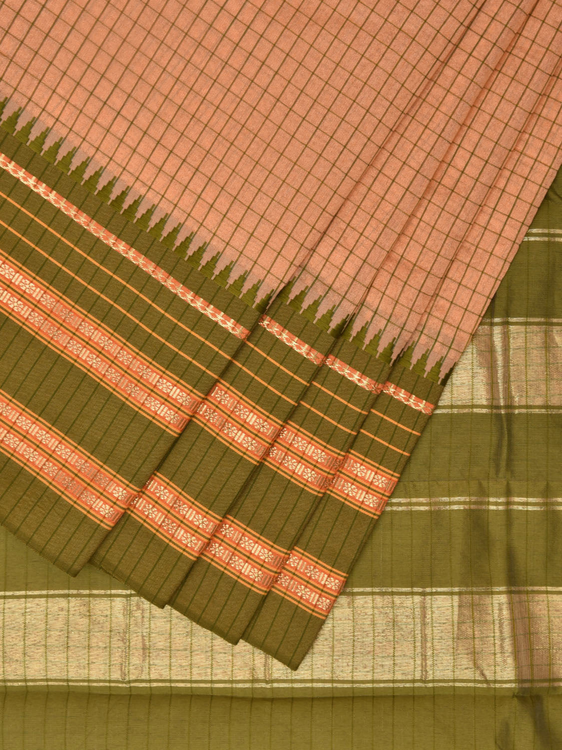 Cream and Green Bamboo Cotton Viscose Silk Saree with Checks Design No Blouse bc0498