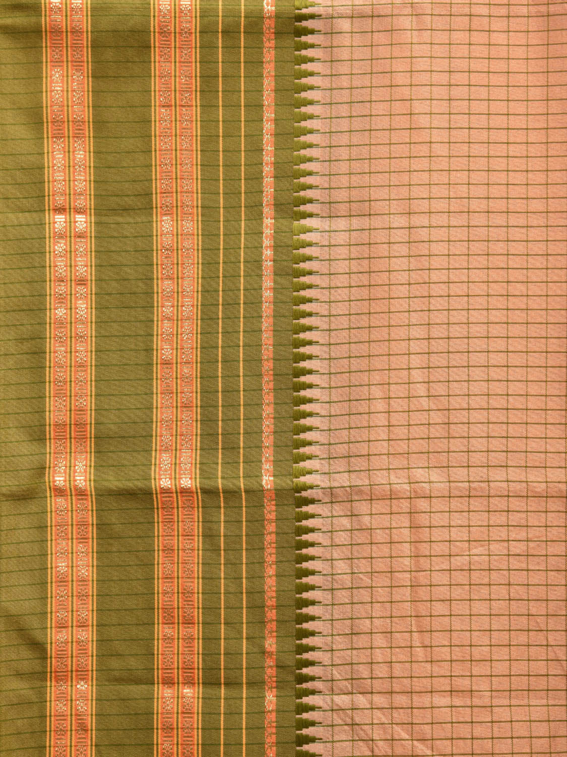 Cream and Green Bamboo Cotton Viscose Silk Saree with Checks Design No Blouse bc0498