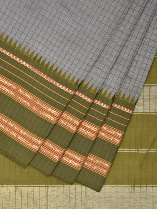 Light Grey and Green Bamboo Cotton Viscose Silk Saree with Checks Design No Blouse bc0499