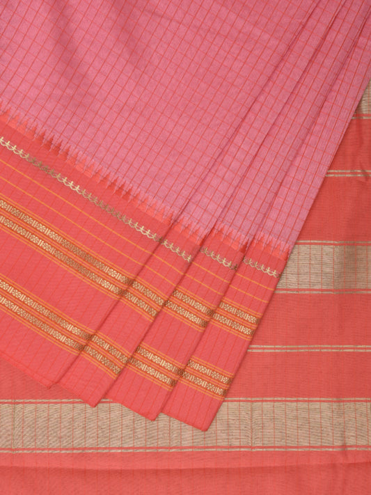 Baby Pink and Peach Bamboo Cotton Viscose Silk Saree with Checks Design No Blouse bc0501