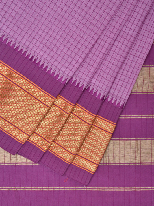 Lavender and Purple Bamboo Cotton Saree with Checks Design No Blouse bc0502