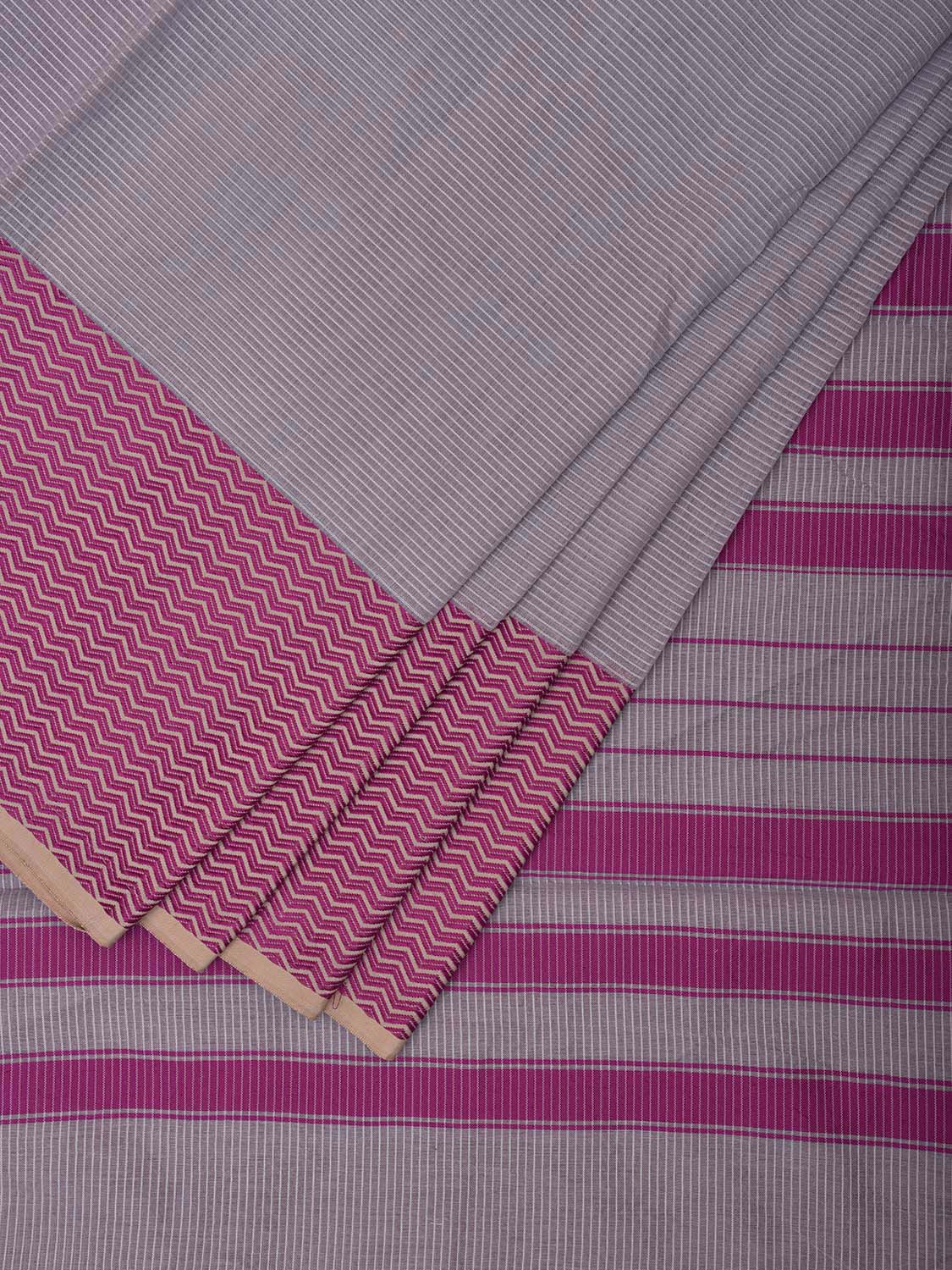 Light Grey and Purple Bamboo Cotton Saree with Strips and Zig-Zag Border Design No Blouse bc0503