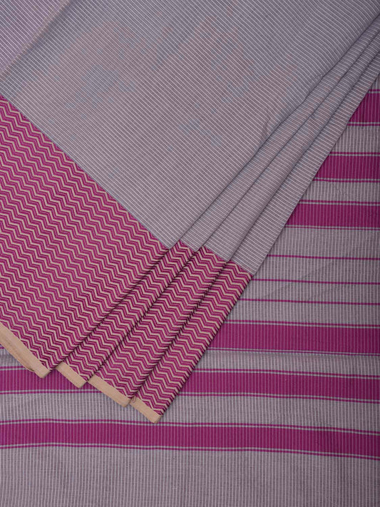 Light Grey and Purple Bamboo Cotton Saree with Strips and Zig-Zag Border Design No Blouse bc0503