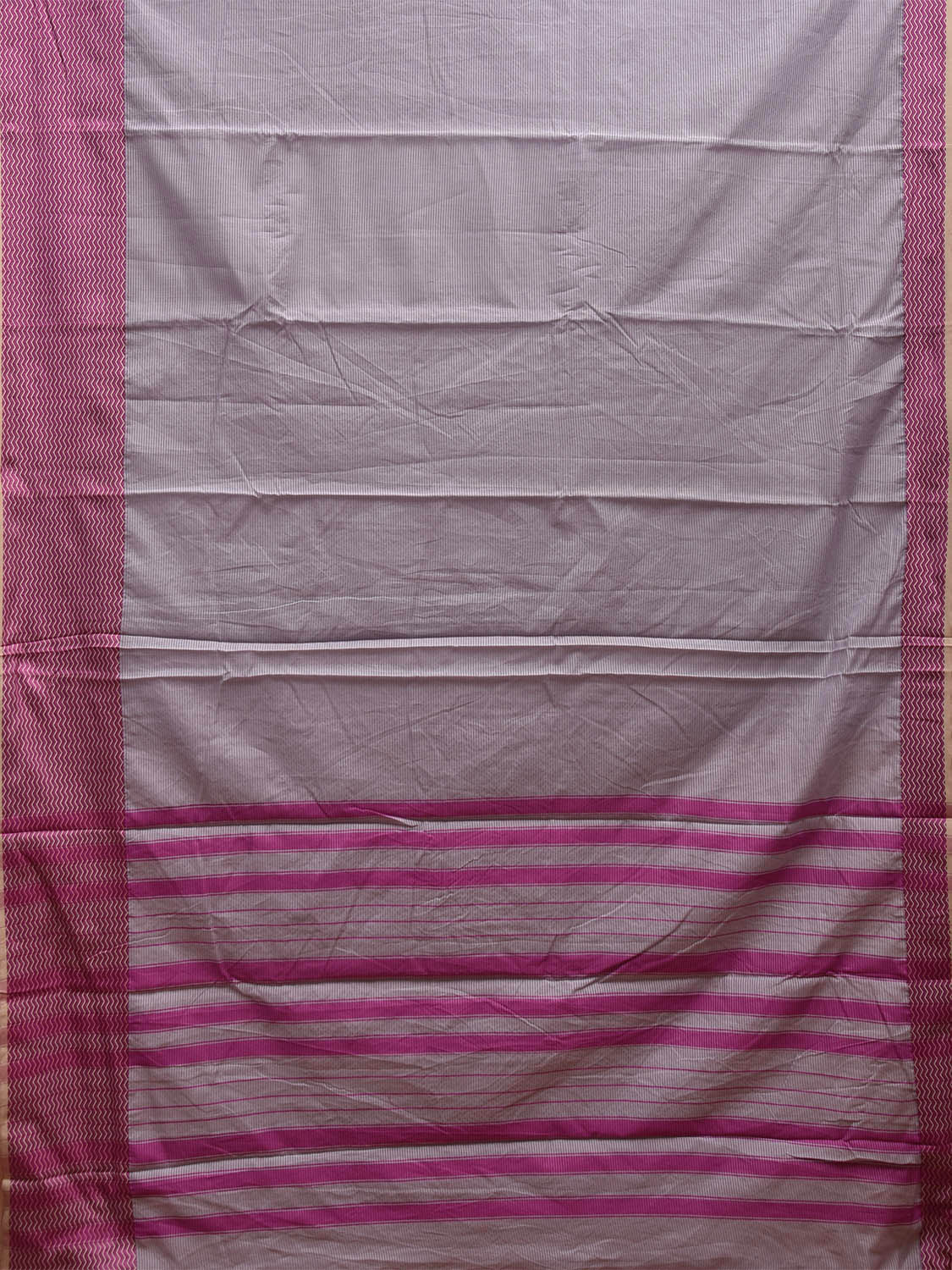 Light Grey and Purple Bamboo Cotton Saree with Strips and Zig-Zag Border Design No Blouse bc0503