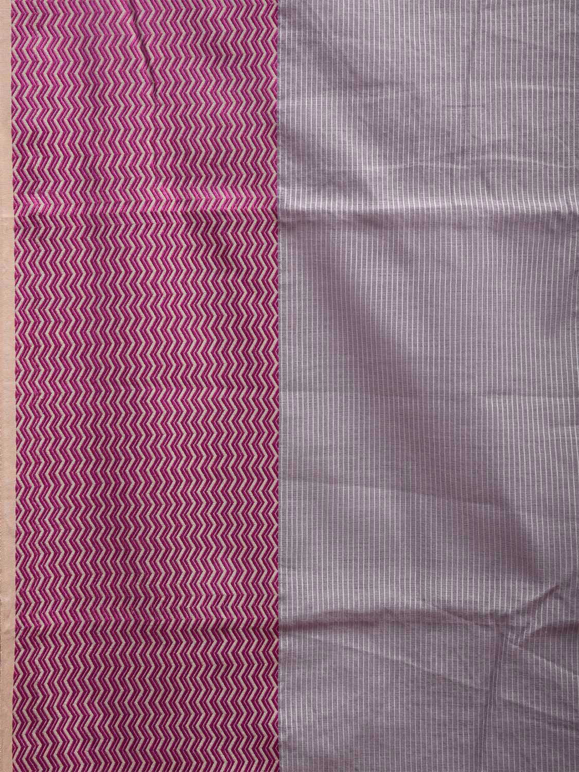 Light Grey and Purple Bamboo Cotton Saree with Strips and Zig-Zag Border Design No Blouse bc0503