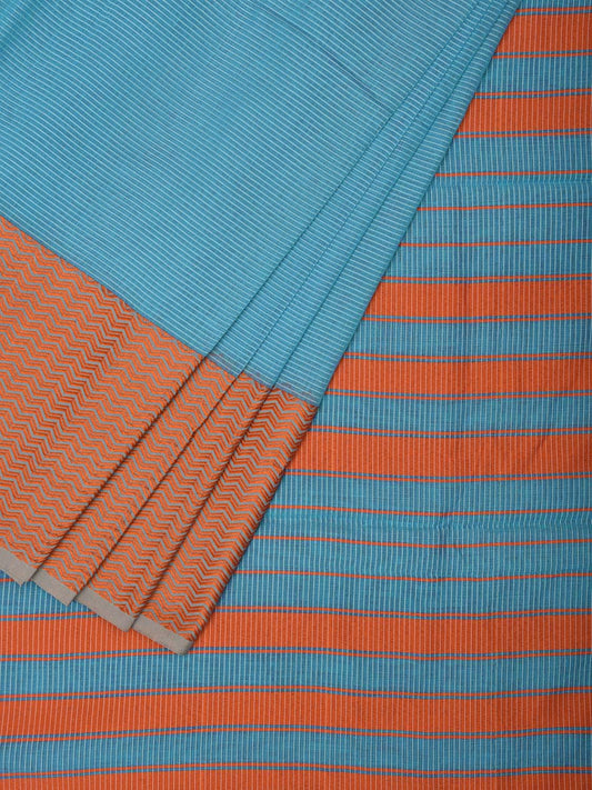 Light Blue and Orange Bamboo Cotton Saree with Strips and Zig-Zag Border Design No Blouse bc0504