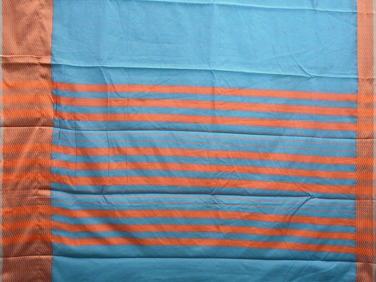 Light Blue and Orange Bamboo Cotton Saree with Strips and Zig-Zag Border Design No Blouse bc0504