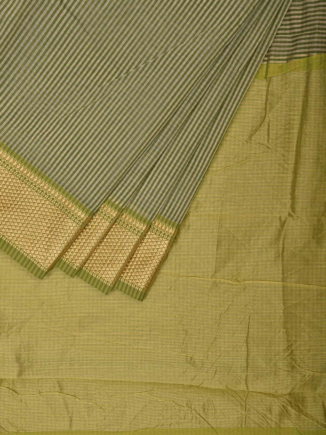 Green Bamboo Cotton Saree with Strips and Small Border Design No Blouse bc0505