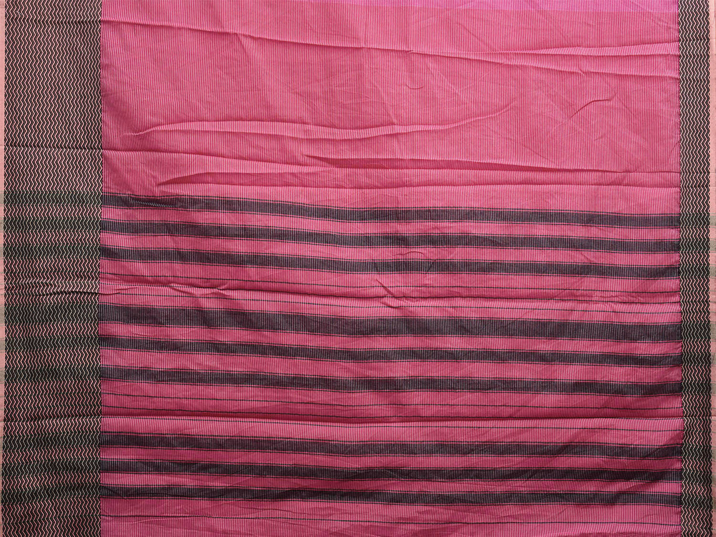 Pink and Black Bamboo Cotton Saree with Strips and Zig-Zag Border Design No Blouse bc0506