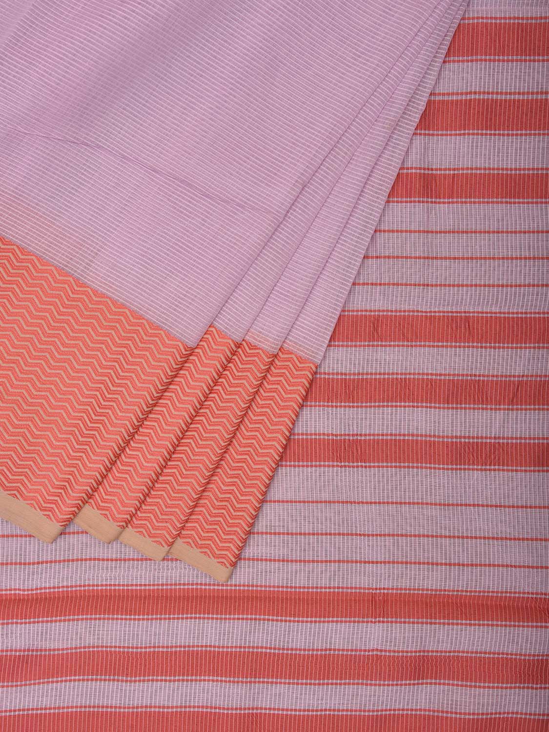Light Lavender and Orange Bamboo Cotton Saree with Strips and Zig-Zag Border Design No Blouse bc0507