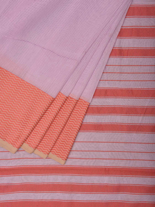 Light Lavender and Orange Bamboo Cotton Saree with Strips and Zig-Zag Border Design No Blouse bc0507
