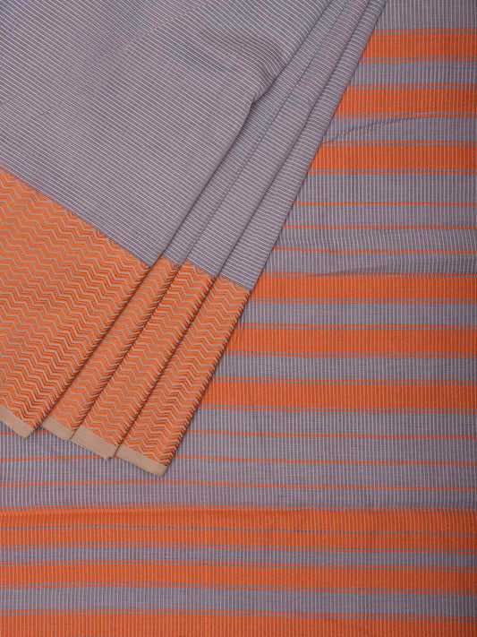 Light Grey and Orange Bamboo Cotton Saree with Strips and Zig-Zag Border Design No Blouse bc0508