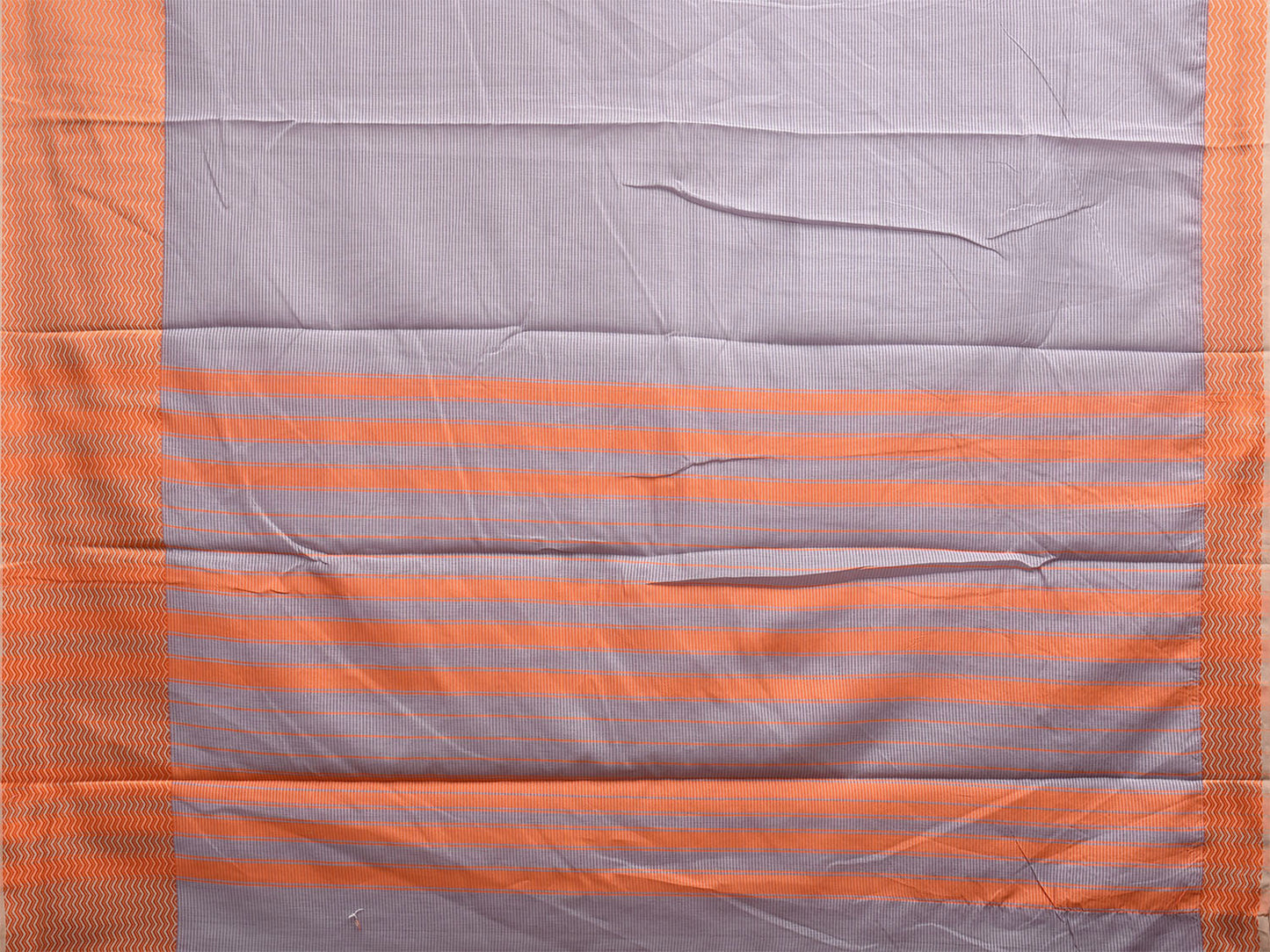 Light Grey and Orange Bamboo Cotton Saree with Strips and Zig-Zag Border Design No Blouse bc0508