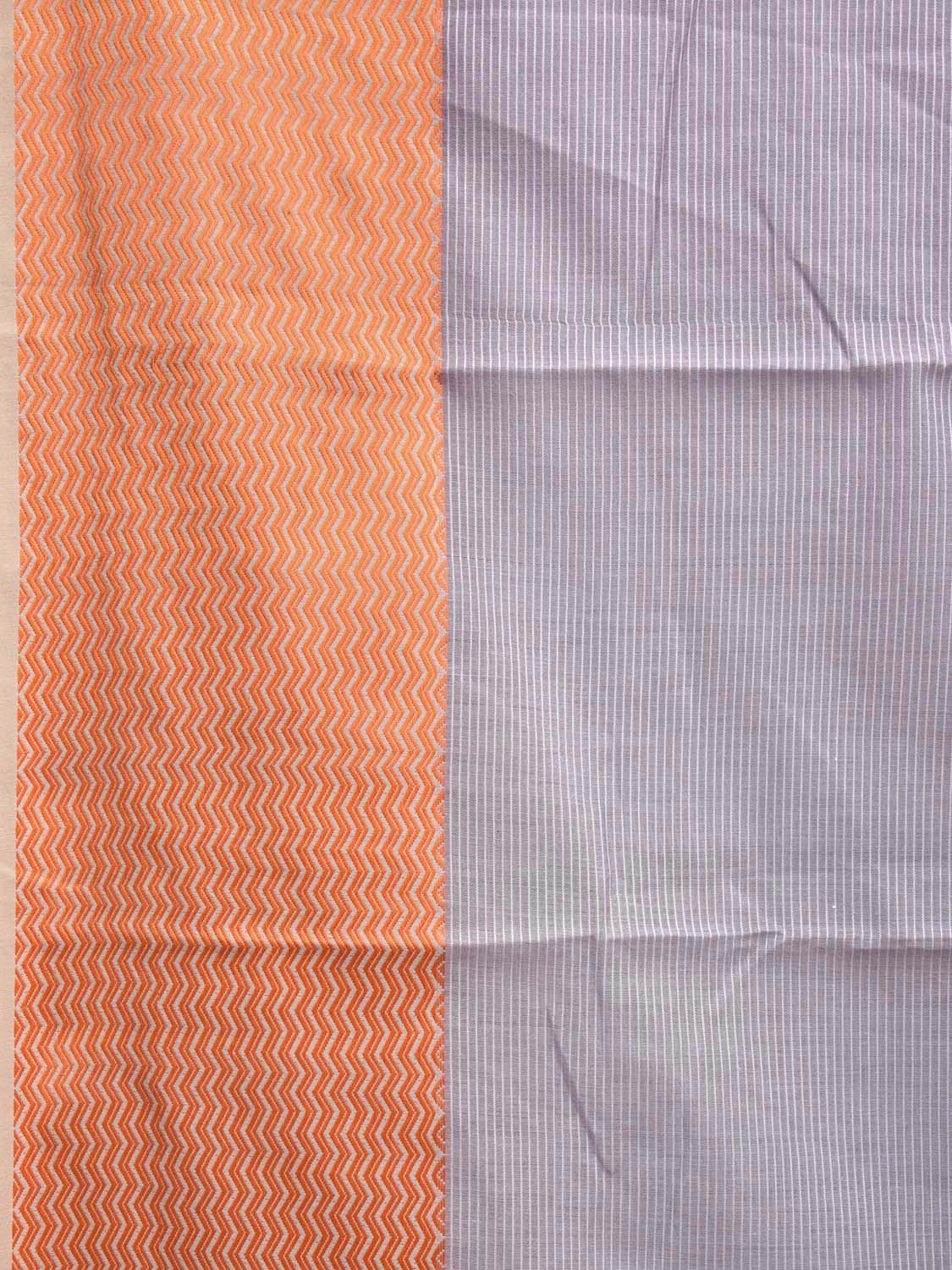 Light Grey and Orange Bamboo Cotton Saree with Strips and Zig-Zag Border Design No Blouse bc0508