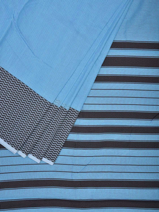 Light Blue and Black Bamboo Cotton Saree with Strips and Zig-Zag Border Design No Blouse bc0509