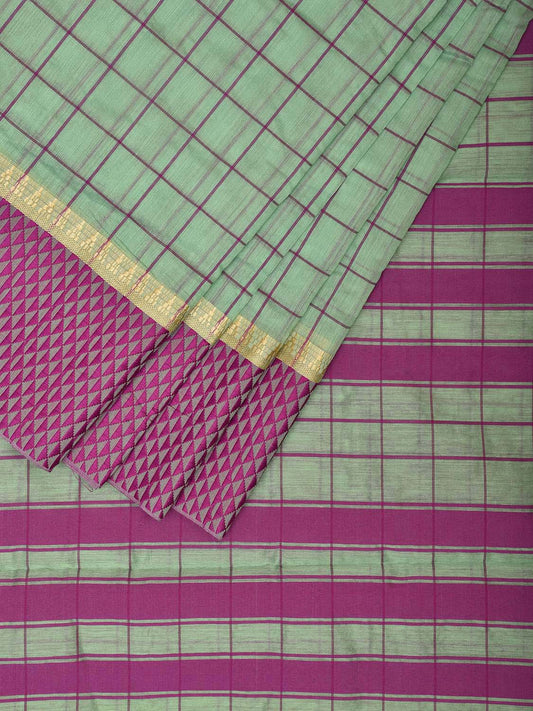 Turquoise and Purple Bamboo Cotton Saree with Big Checks and Strips Pallu Design No Blouse bc0510