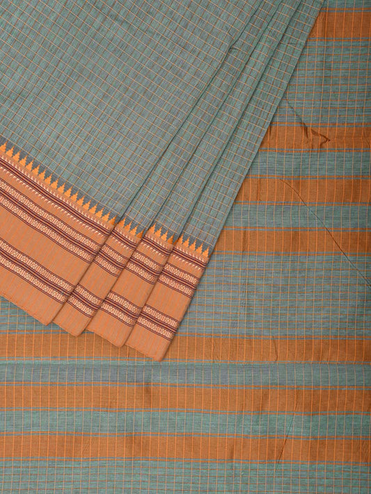 Sea Green and Mustard Bamboo Cotton Saree with Checks Design No Blouse bc0511
