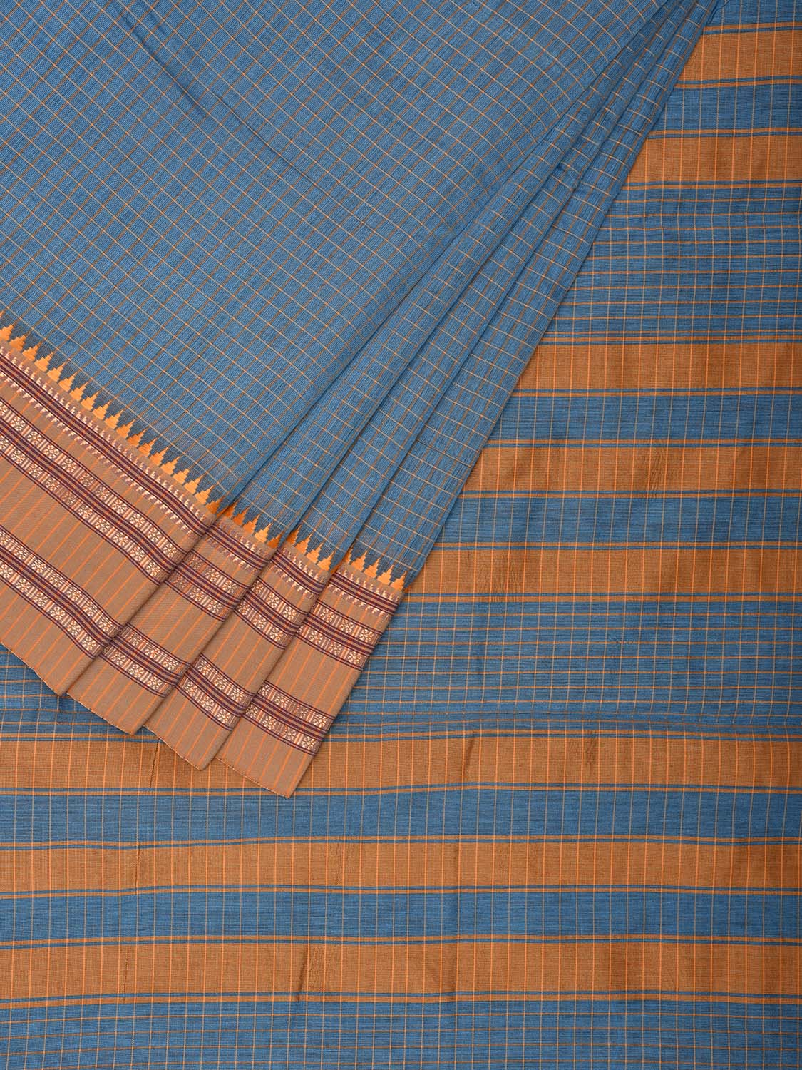 Blue and Mustard Bamboo Cotton Saree with Checks Design No Blouse bc0512