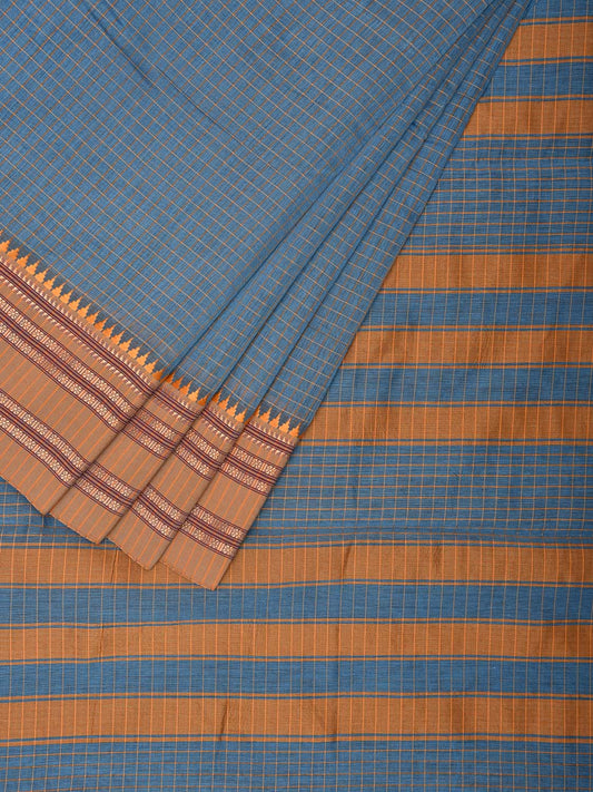 Blue and Mustard Bamboo Cotton Saree with Checks Design No Blouse bc0512