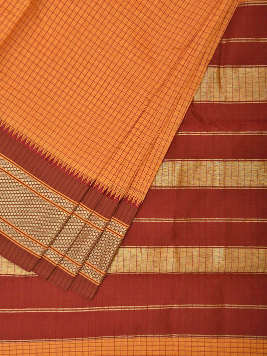 Yellow and Red Bamboo Cotton Saree with Checks Design No Blouse bc0513