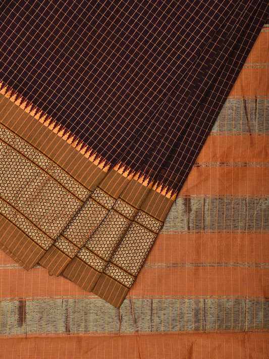 Black and Mustard Bamboo Cotton Saree with Checks Design No Blouse bc0515