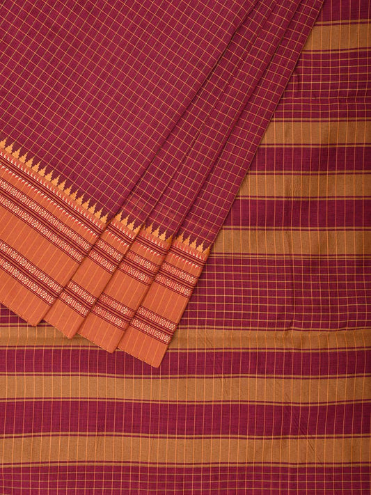 Magenta and Mustard Bamboo Cotton Saree with Checks Design No Blouse bc0516