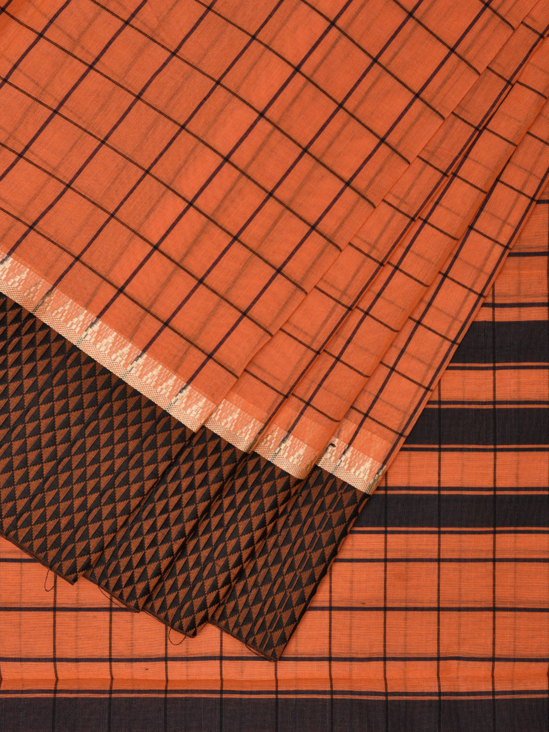 Orange and Black Bamboo Cotton Saree with Big Checks Design No Blouse bc0520