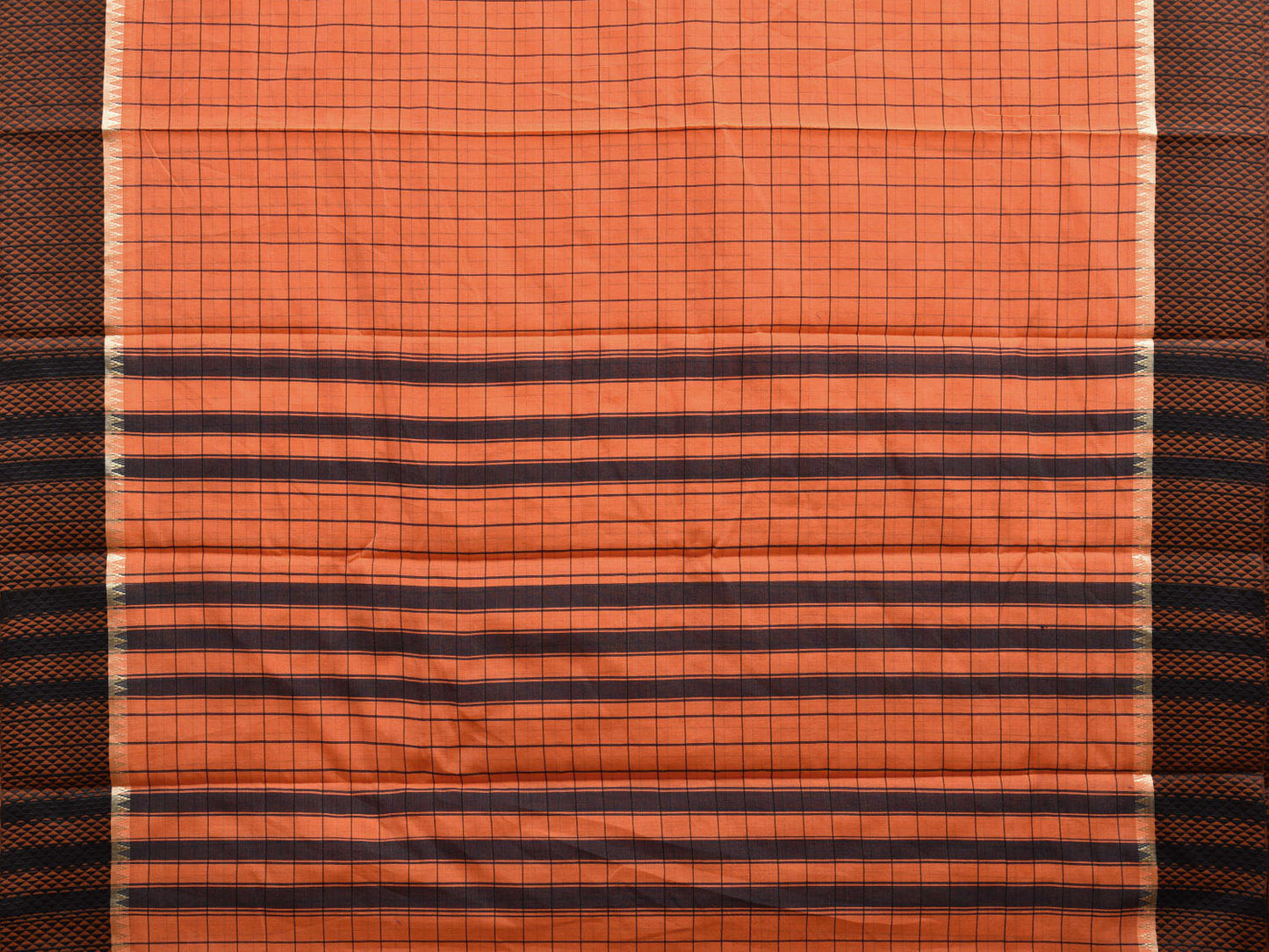 Orange and Black Bamboo Cotton Saree with Big Checks Design No Blouse bc0520