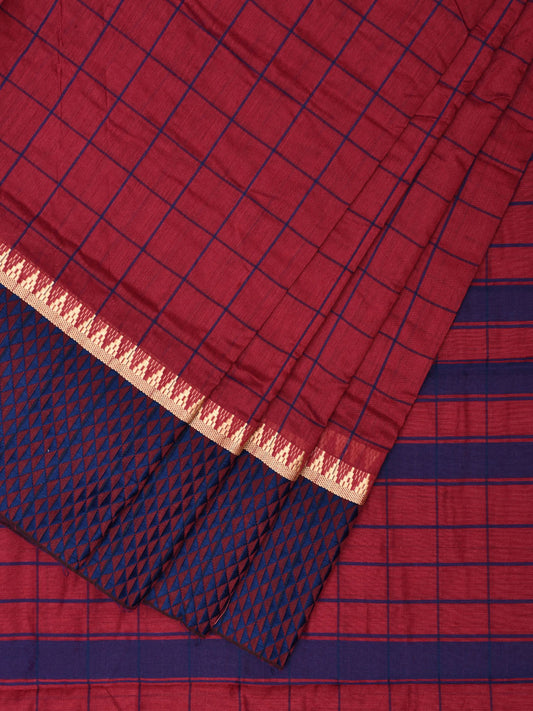 Dark Red and Dark Blue Bamboo Cotton Saree with Big Checks Design No Blouse bc0521
