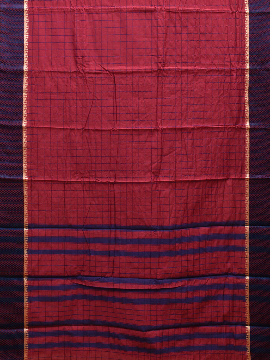 Dark Red and Dark Blue Bamboo Cotton Saree with Big Checks Design No Blouse bc0521
