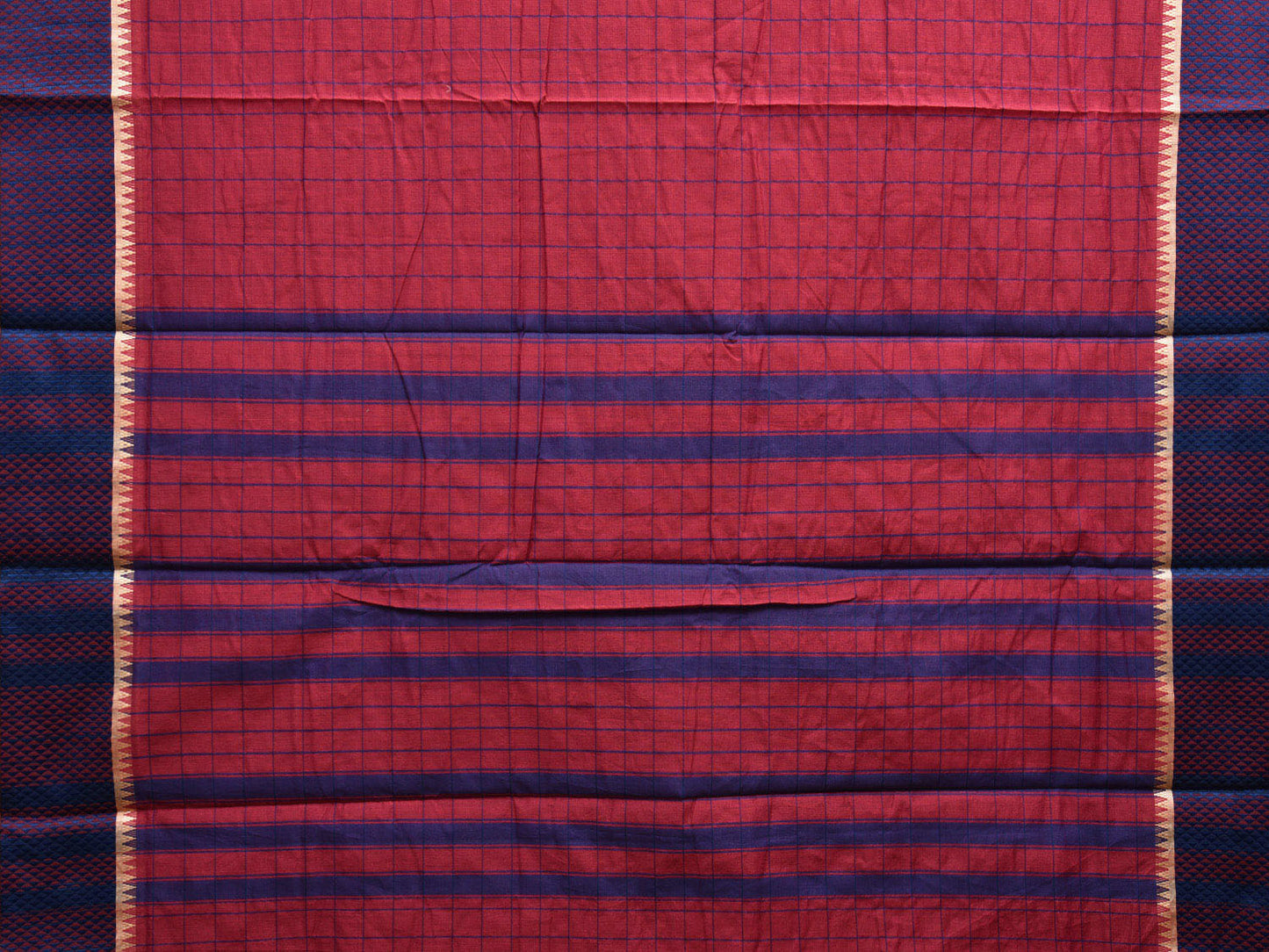 Dark Red and Dark Blue Bamboo Cotton Saree with Big Checks Design No Blouse bc0521